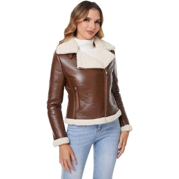 ⚡Women's Brown Shearing Fur Winter Coat Warm Thick Fur Lined Faux Leather Jacket - Picture 2 of 4